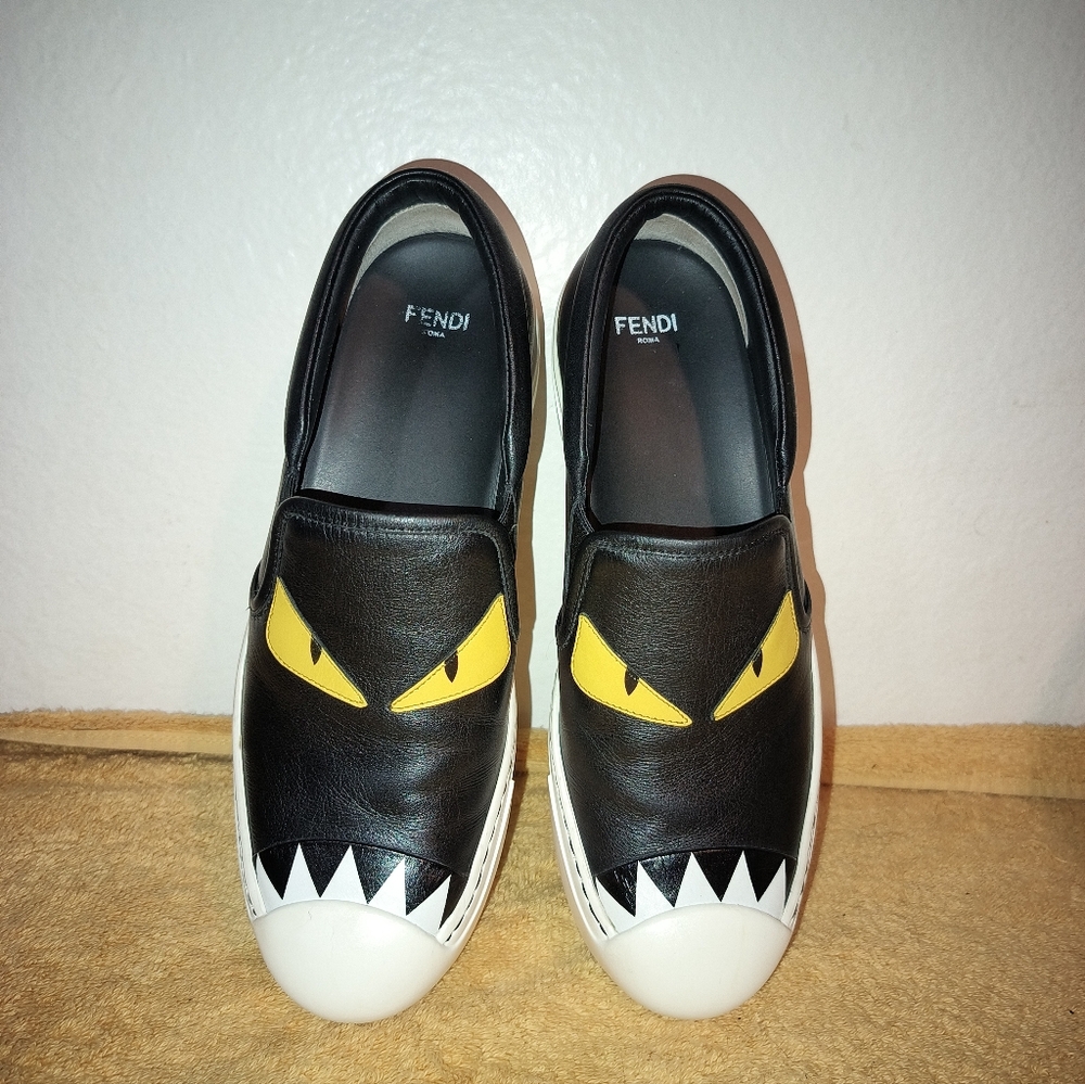 FENDI Women Monster Eye Slip On Black and Yellow Sneakers Sz 36.5. Ex Cond.